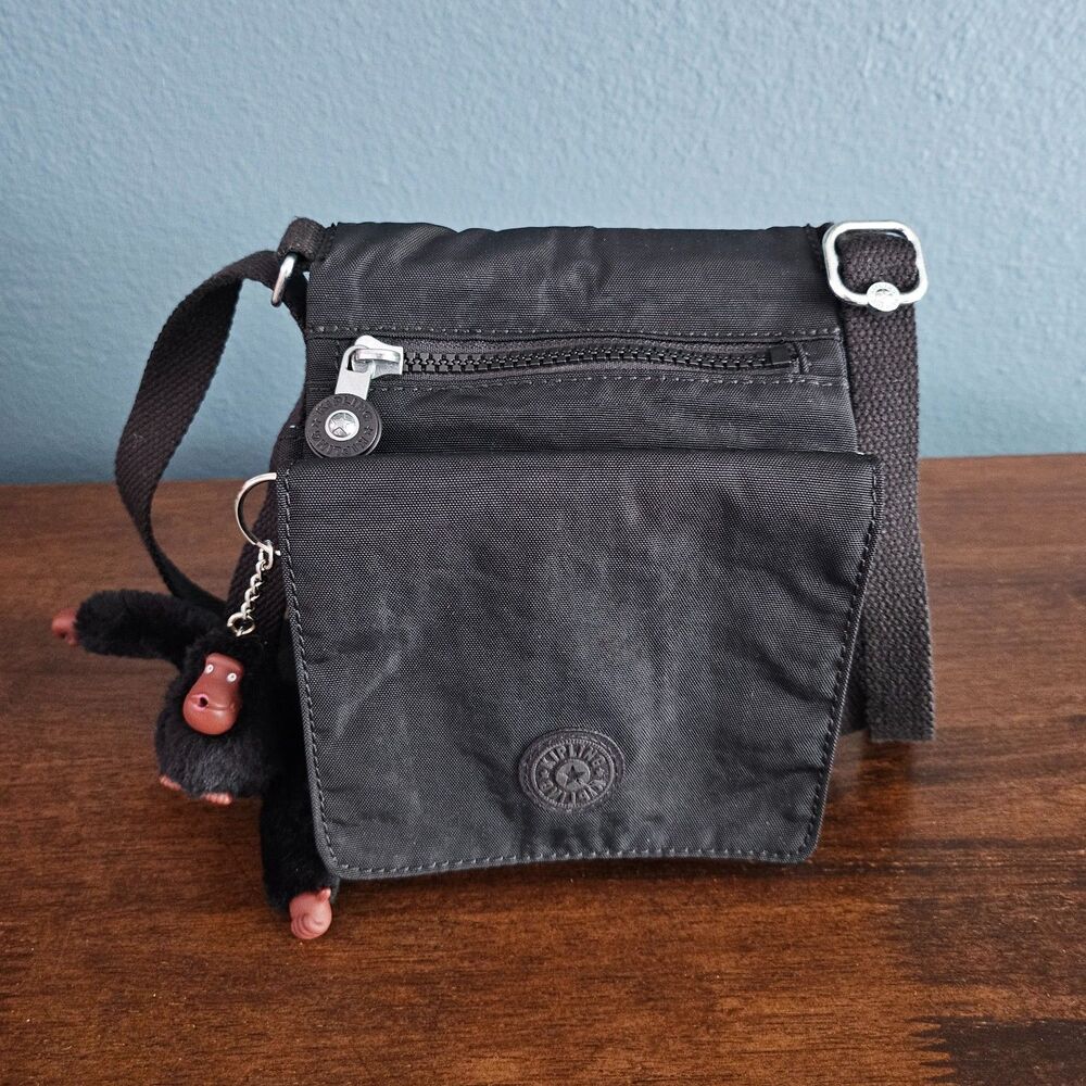 Kipling Eldorado Crossbody Bag Mini Nylon Bag Crinkle Black 6" x 7.5” w/ Monkey